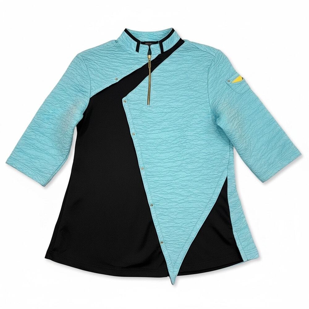 Jamie Sadock Sz S Aqua Blue & Black Asymmetrical Crinkle 1/4 Zip Golf Top